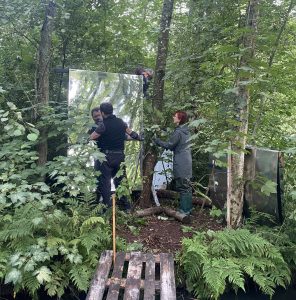 Setting up the mirrors on the island.